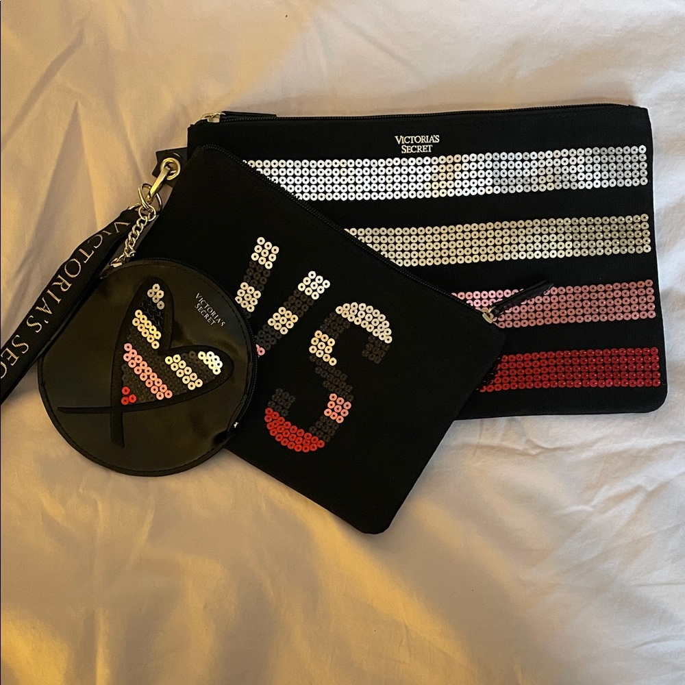 Victoria's Secret Sequin Stripe Pouch Trio